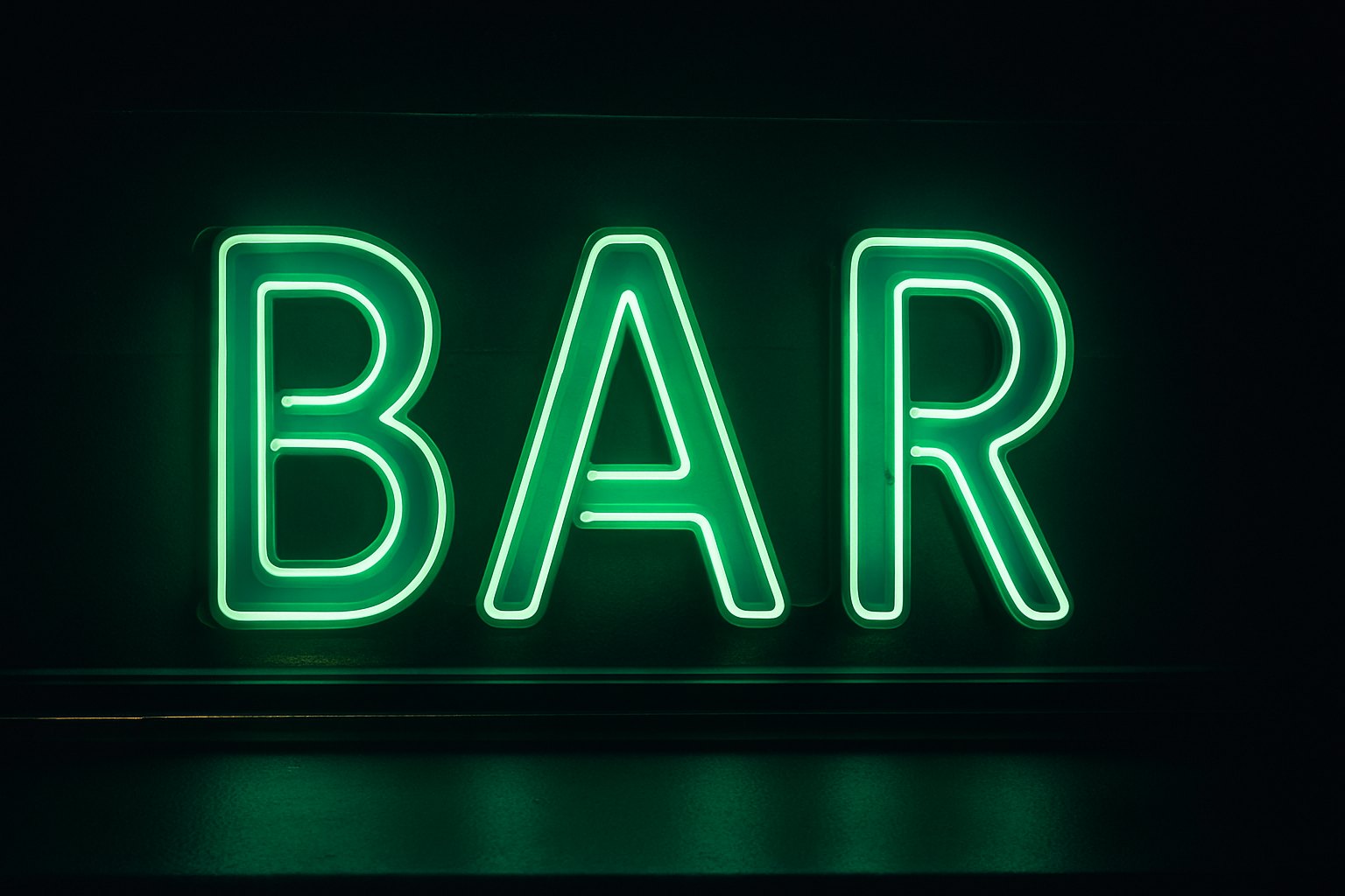 Letreiro BAR em neon esmeralda, luz quente e fundo escuro